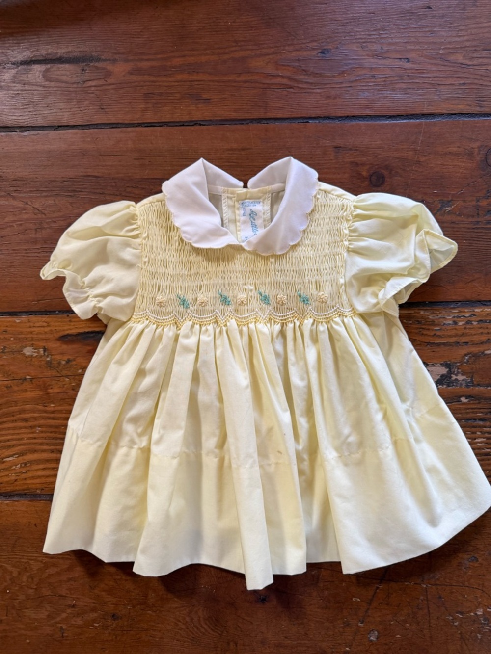 VTG ‘A Little Angel’ Yellow Floral Smocked Collared Babydoll Dress
